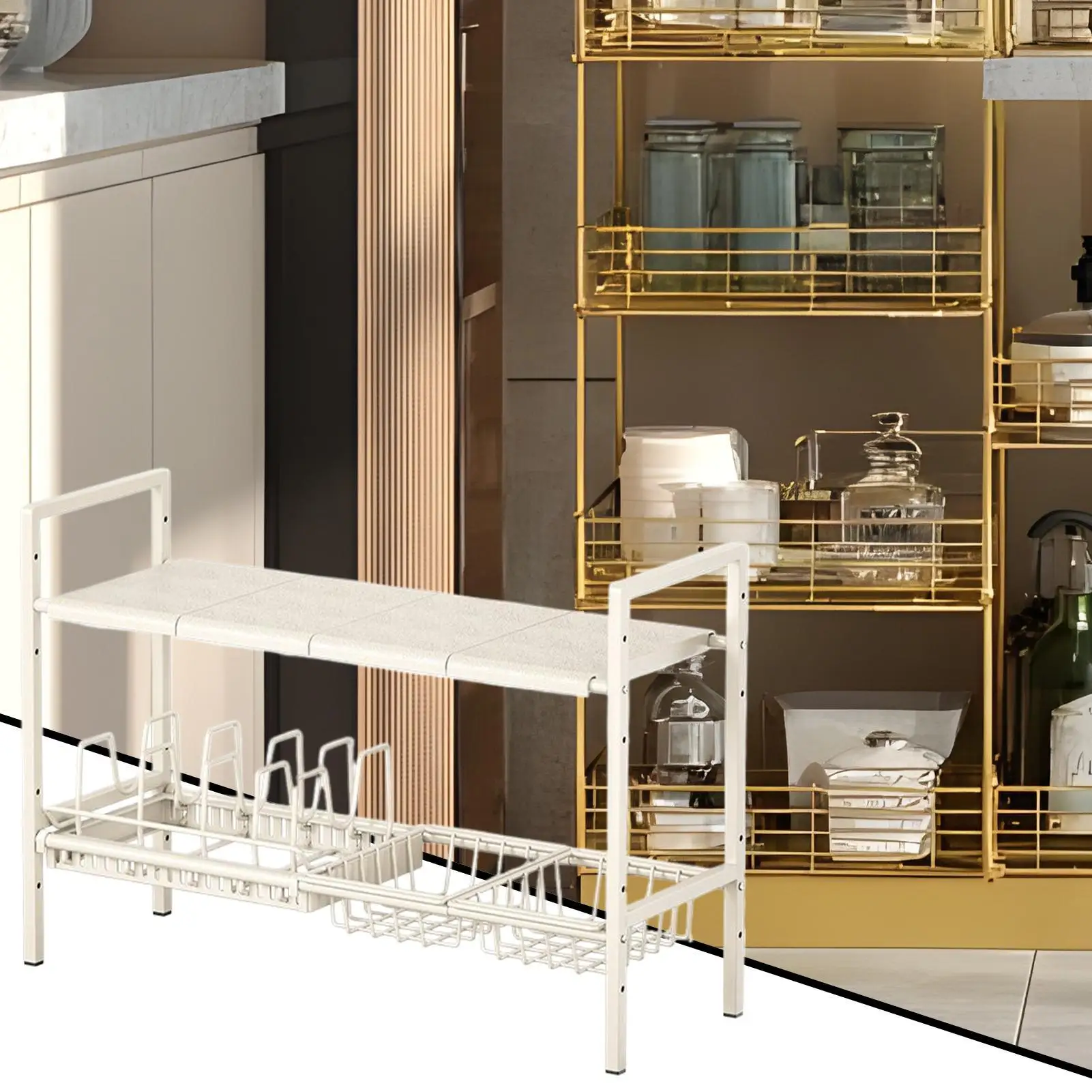 منظم تحت المغسلة للمطبخ، منظمات تخزين متعددة الأغراض، طبقة مزدوجة، رف قوي قابل للتوسيع لطبق خزانة المنزل