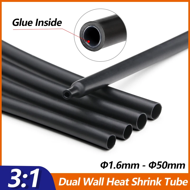 

3:1 Black Dual Wall Heat Shrink Tube 1.6 - 50mm Polyolefin Shrinkable Tubing Adhesive Lined Shrink Ratio Insulated Cable Sleeve