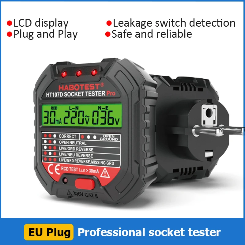 HT106D HT107D Socket Tester Pro Voltage Test Digital Outlet Socket Detect EU Plug Ground Zero Line Plug Polarity Phase Check