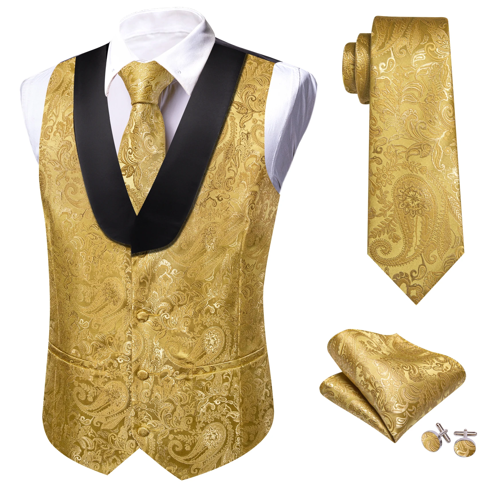 Barry.Wang Silk Men Shawl Collar Vest Jacquard Paisley Floral Waistcoat Tie Hanky Cufflinks Set Sleeveless Jacket Wedding Office