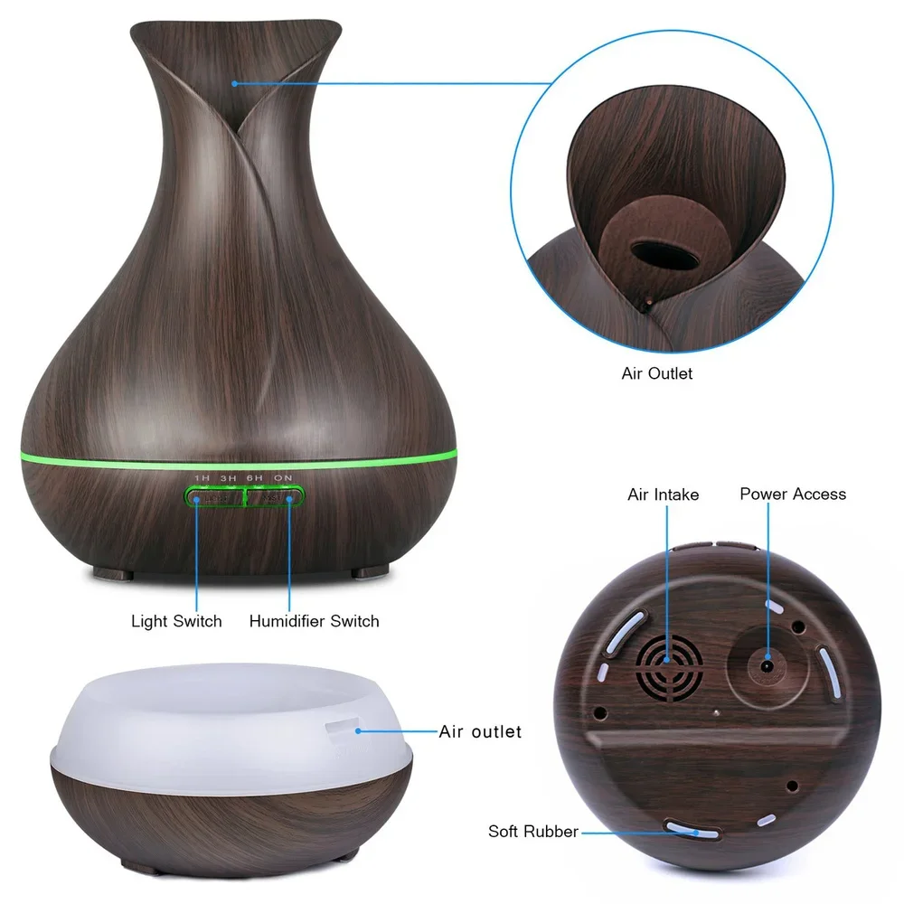 Air Humidifier 400ml Oil Aroma Diffuser Wood Grain LED Power-off Protection Night Light Timing 7 Colors Mist Sprayer for Spa
