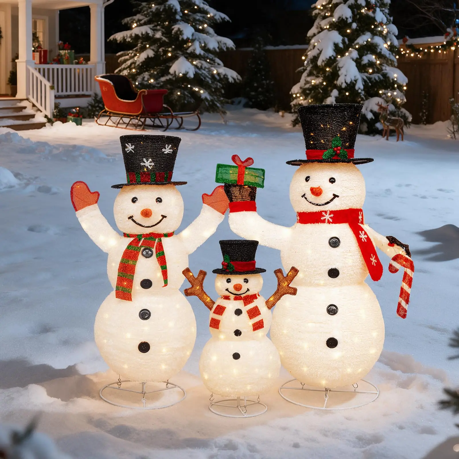 3.7 FT Collapsible Pop-Up Snowman Family Set, 3-Piece 3D Lighted Snowman Outdoor Christmas Decorations with 250 Warm