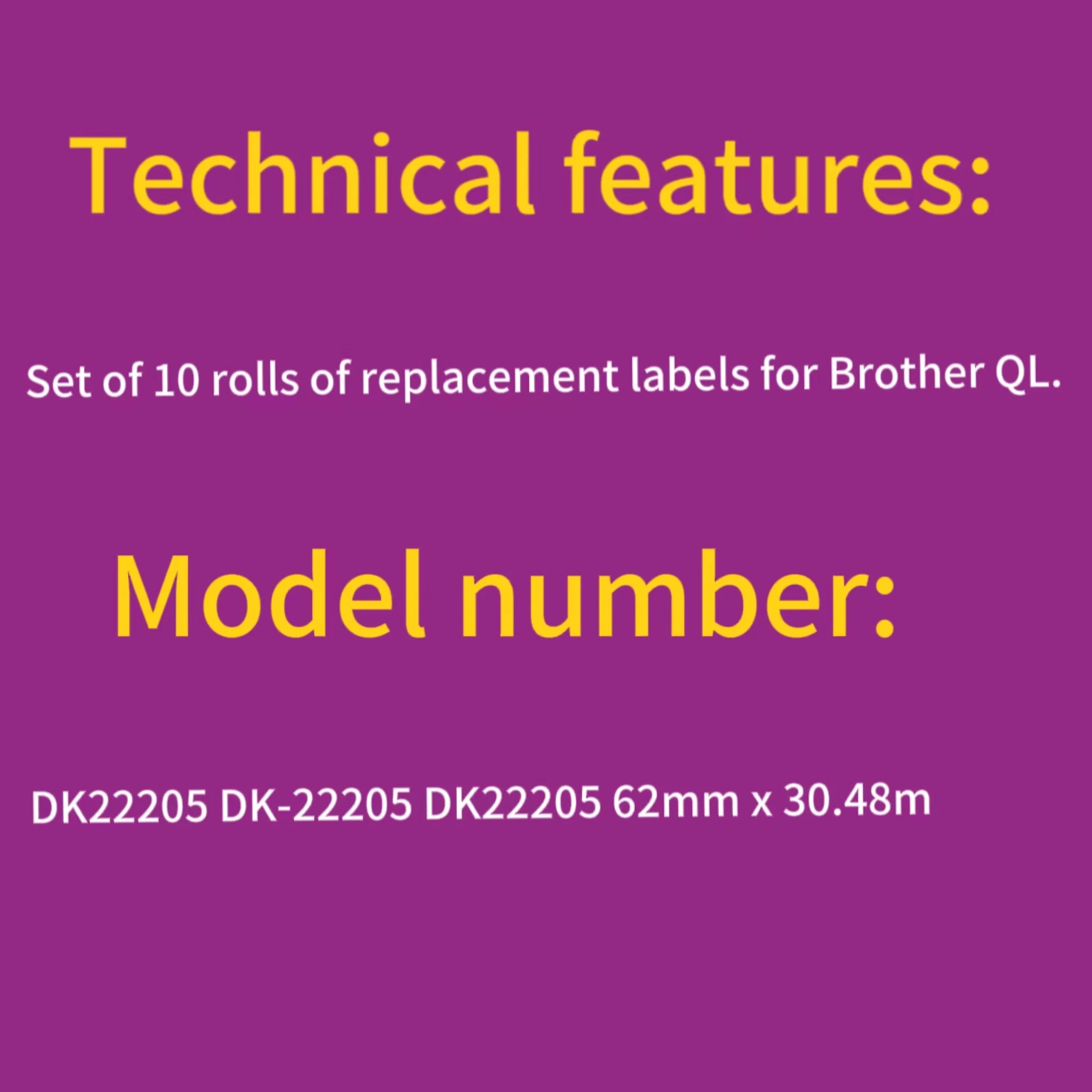 Compatible replacement labels for Brother DK22205 DK-22205 DK22205 62mm x 30.48m for Brother QL 500 labels QL 700 720N Set of 10