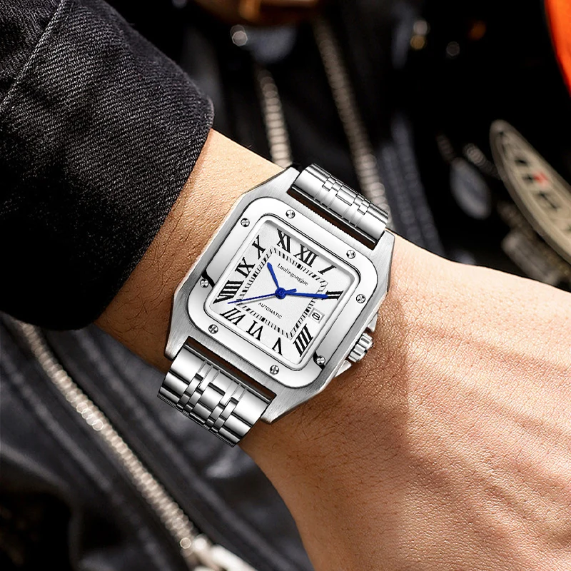 Luxurious Square Automatic Mechanical Watch for Men, Skeleton Design with Butterfly Clasp, Stylish Business Casual Versatile Handsome Men's Wristwatch, European and American Style, Top Choice for Valentine's Day Gift for Boyfriend