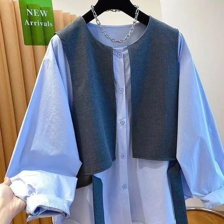 High-end stacking design, suit, vest splicing, white shirt, fake two-piece top, women's 2026 new early spring 3