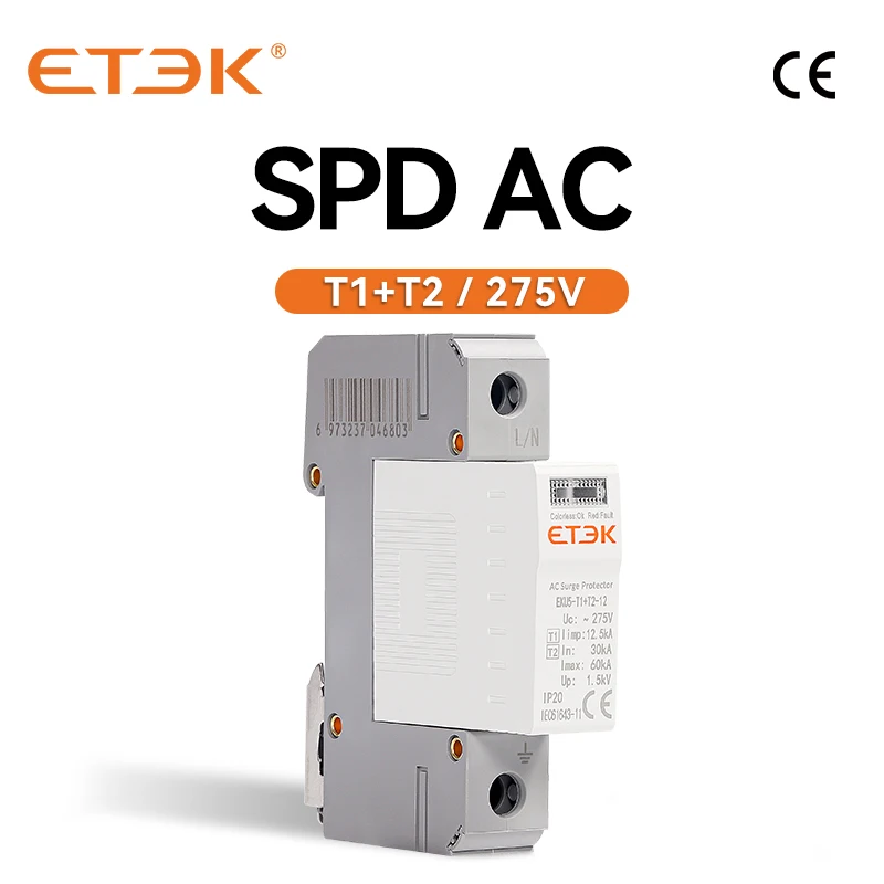 ETEK SPD House Surge Protective Device 275V Protector Arrester Protection Type T1+T2 AC 1P 20KA~40KA EKU5