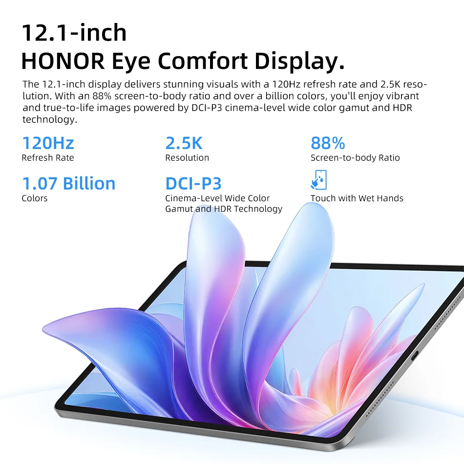 HONOR Pad 10 Gloabl الإصدار 10100mAh بطارية 256GB ROM Snapdragon 7 Gen 3 12.1 ''120 هرتز شاشة الكريستال السائل 8MP كاميرا واي فاي/5G اللوحي