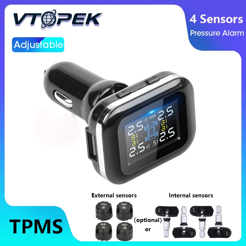 Vtopek TPMS Tire Pressure Alarm Monitor System 4 Sensors Auto Tyre Pressure Cigarette Lighter pneus Car Security Alarm System