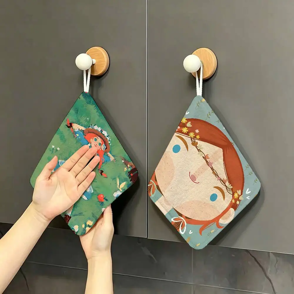 Cartoon Anne Of Green Gables Household Hanging Towel, Polyester Cotton Hand Wiping Towel, Sturdy for Bathroom Bedroom