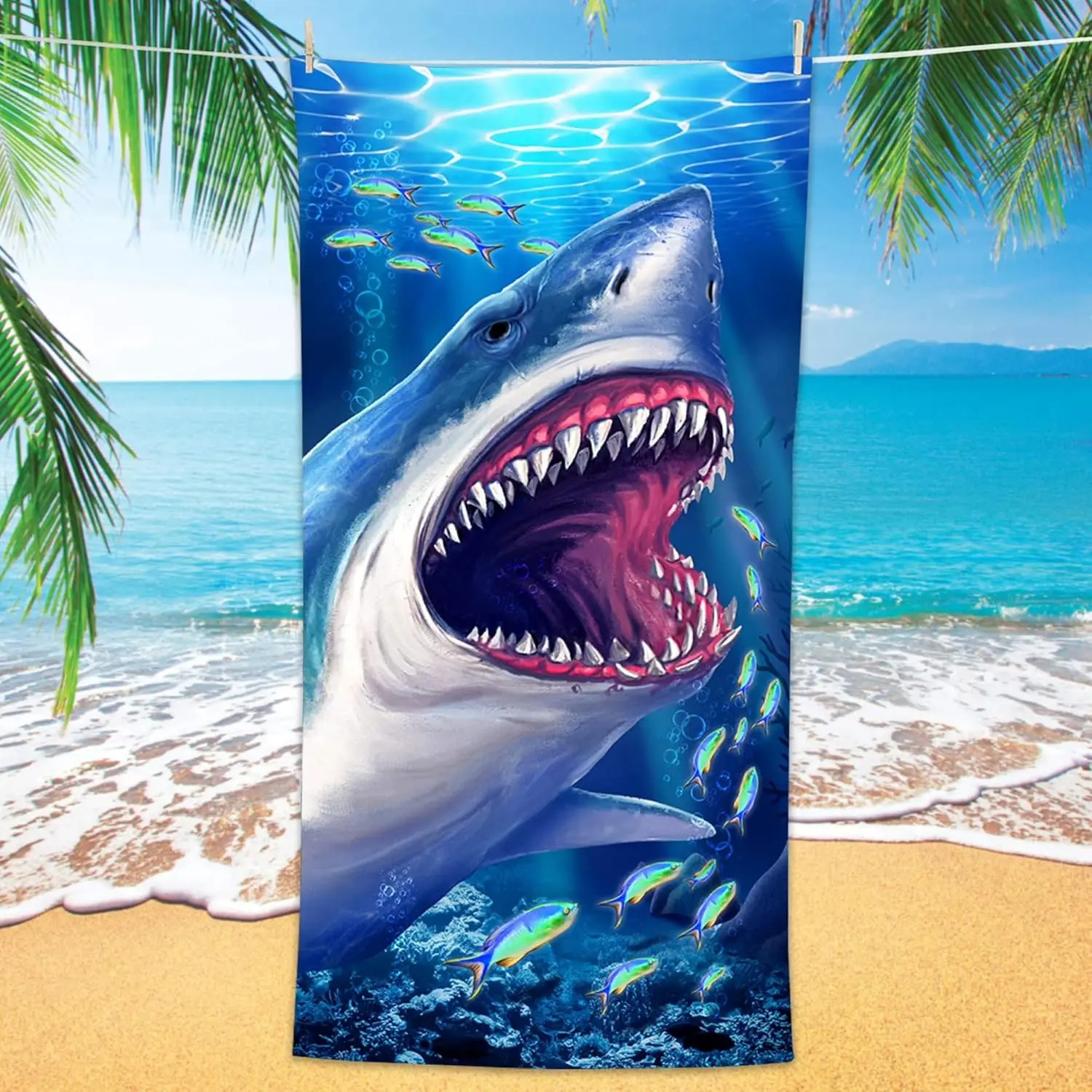 Bonsai Tree Shark Beach Towel,Cool Ocean Fishes Microfiber Bath Towel, Blue Sea Sand Free Quick Dry Travel Towels for Mens Women