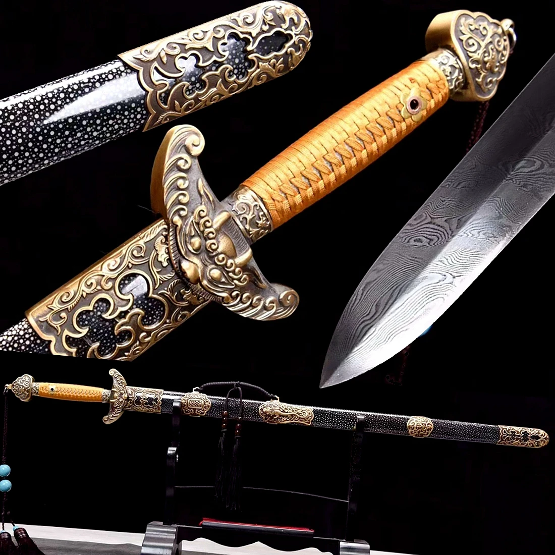 Copper Fittings Chinese Tai Chi Qing Dynasty Dragon Sword Damascus Folded T10 Steel Blade WuShu Double Edge Handmade Battle Jian