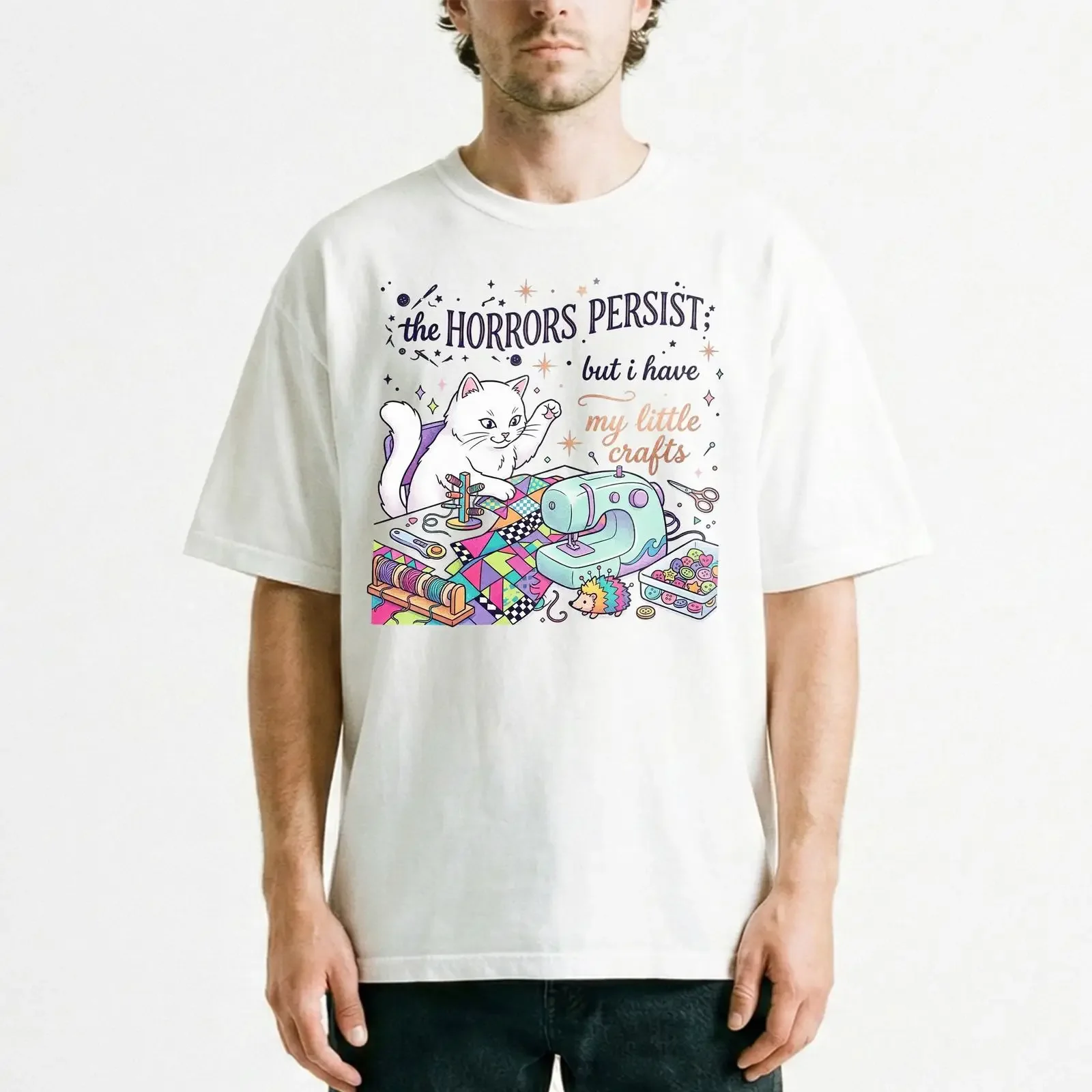 Funny Cat Sewing Machine Quilting t shirt Hedgehog Crafty Maker Hobby tee vintage Washed Stretched designer clothes Unisex