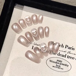 Handmade Press On Nails Pink Love Heart Flash Cat's Eye Fake Nail Patches Simple Detachable False Nail Tips Fashion Manicure