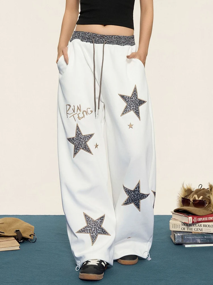 Stars Embroidery Y2K Pant Women Vintage Harajuku Leopard Patchwork Trousers Fall Winter Streetwear High Waist Hip Hop Bf Pants