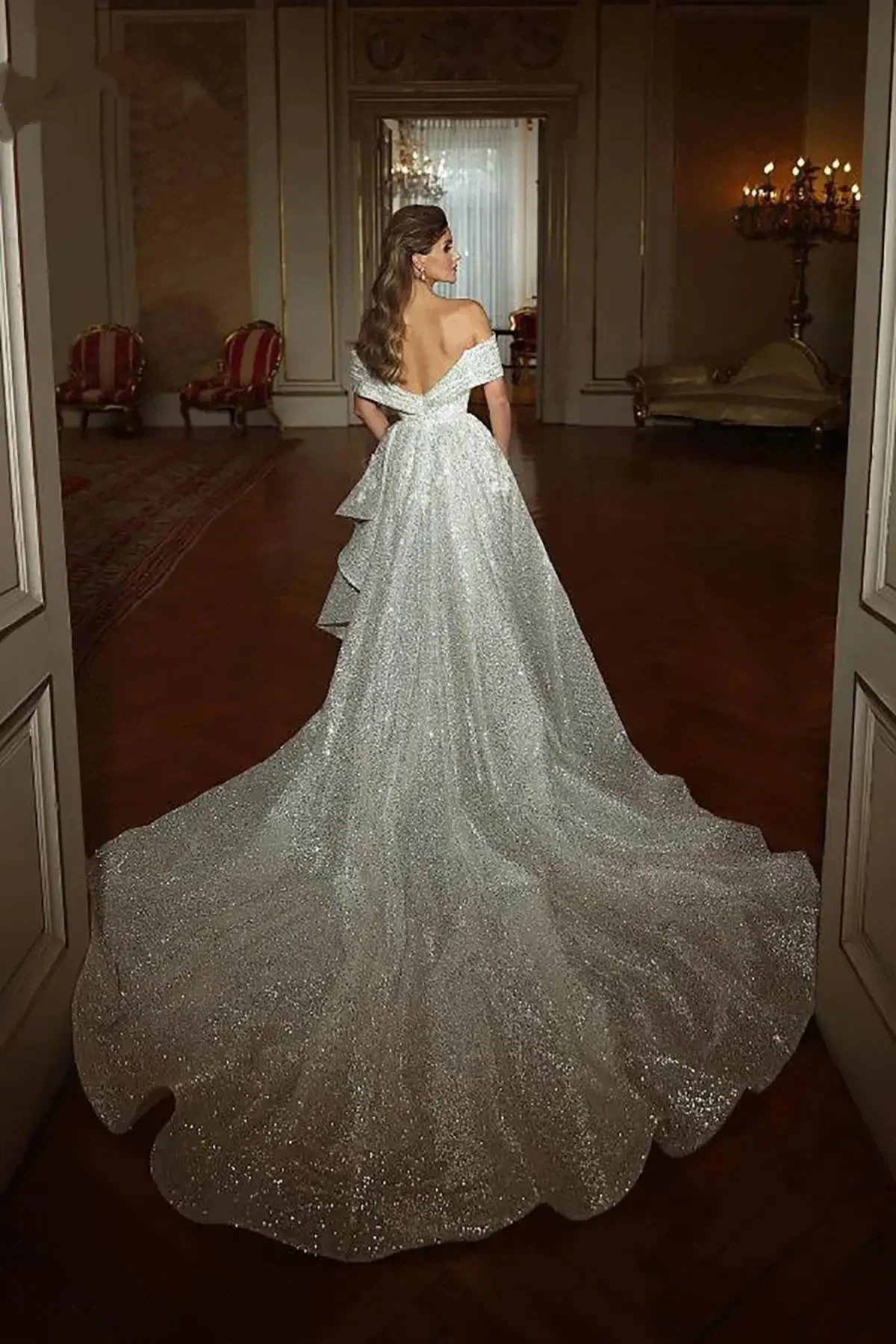 Elegant Mermaid Shining Women's Wedding Dress Sexy Off Shoulder Cuff Free Detachable Skirt Ball Party Bridal Dress Customized