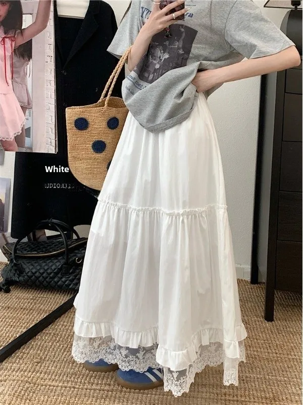 

Sweet Lace Trim High Waist A-Line Midi Skirt for plus Size Women Spring New Style Slimming Hip Covering Half Body Skirt