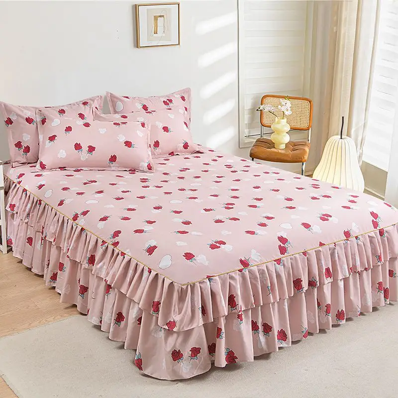 New Skirted Bedskirt Set Three-Piece - All-Season Non-Slip Sheet Double Hem Fitted Sheet Protector for Secure Sleep Comfort