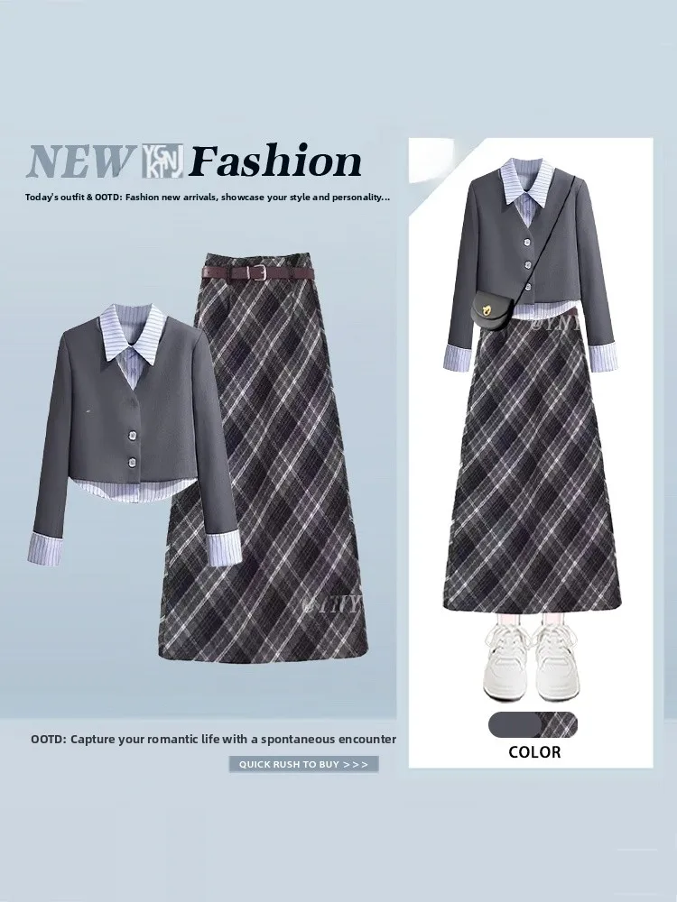 

High Waist Plaid Skirt And irt Two-Piece Set Women's Faion Spring Outfit Color Blo Cheered Print Slimming Ensemble