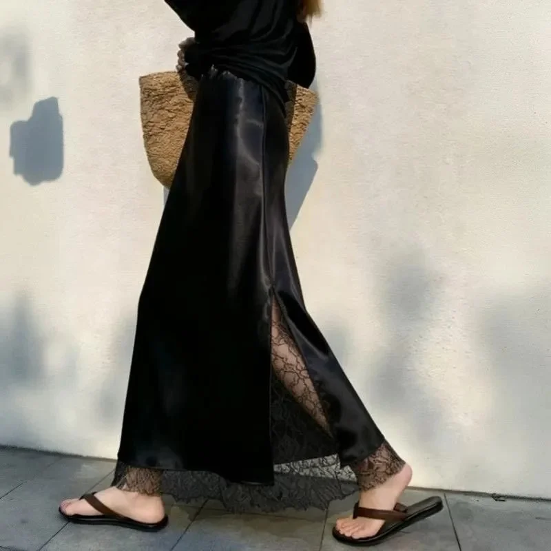French Lady Casual Lace Satin A-line Maxi Skirt Summer Women Fashion Slit Split Long Skirt Female New High Waist Patchwork Skirt