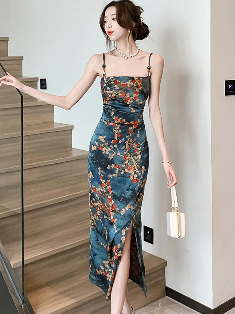 Women Korean Vintage Floral Satin Luxury Long Dress Summer Chic Elegant Sling Sexy Dress 2024 Fashion Bodycon Party Night Dress