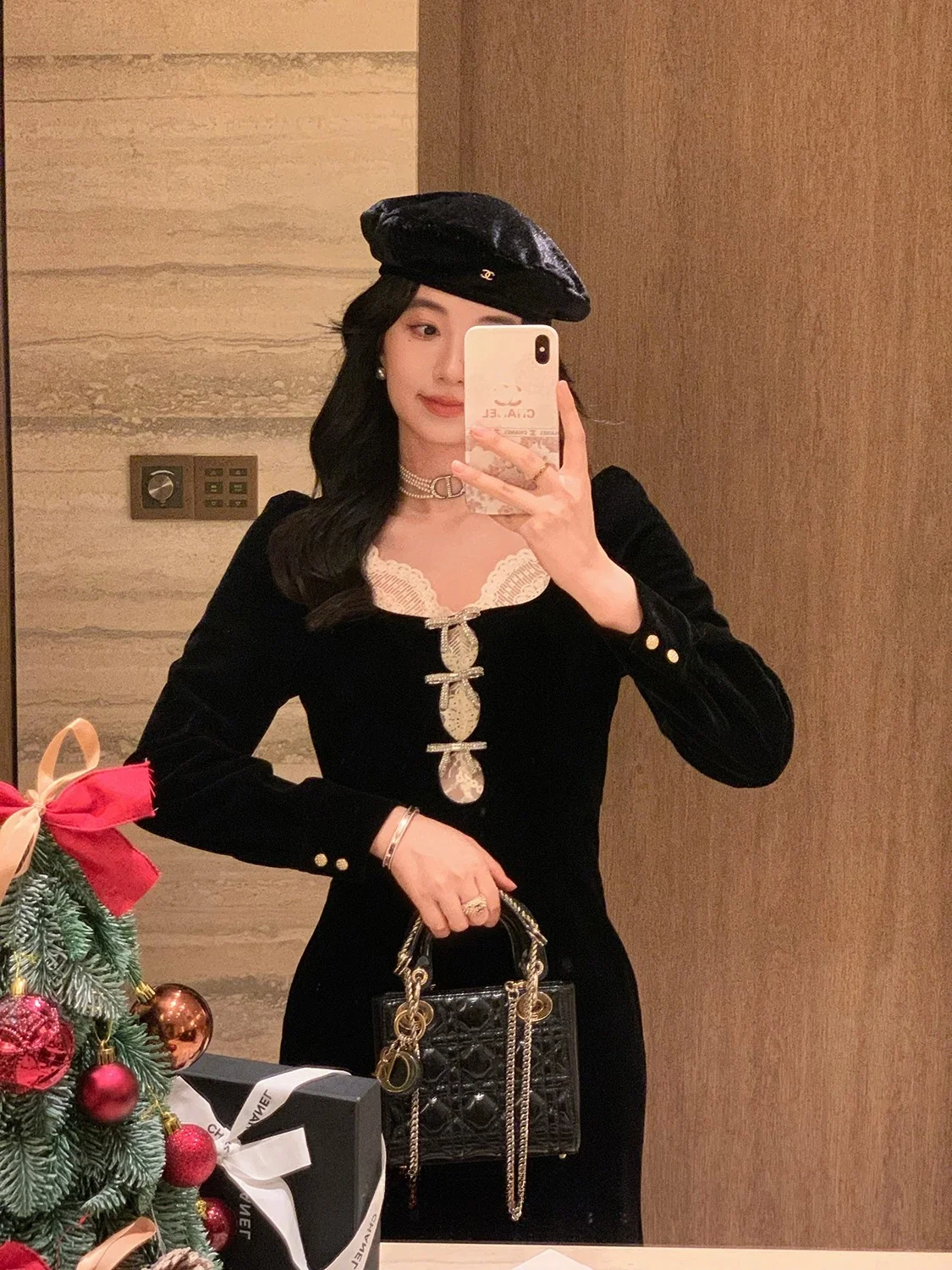 

Velvet Dr with Bow Knot Square Collar Inner Wear for Women French Sle A-Line Skirt Long Sve Autumn Winter Faion