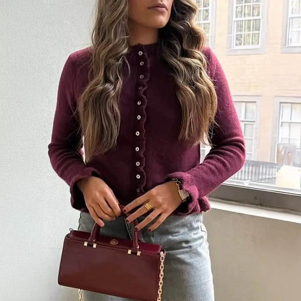 

2025 Autumn/Winter Casual Vacation Style Solid Color Knitted Button-Up Long-Sleeved Women's Sweater