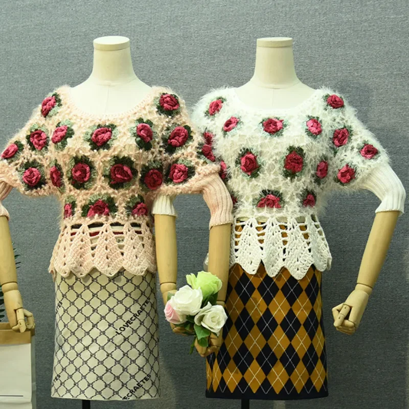 Short Sleeve 3D Rose Flower Mohair Sweaters Women Hollow Out Crocheted Sweaters Lady Short Sleeve Flower Flower Sweater