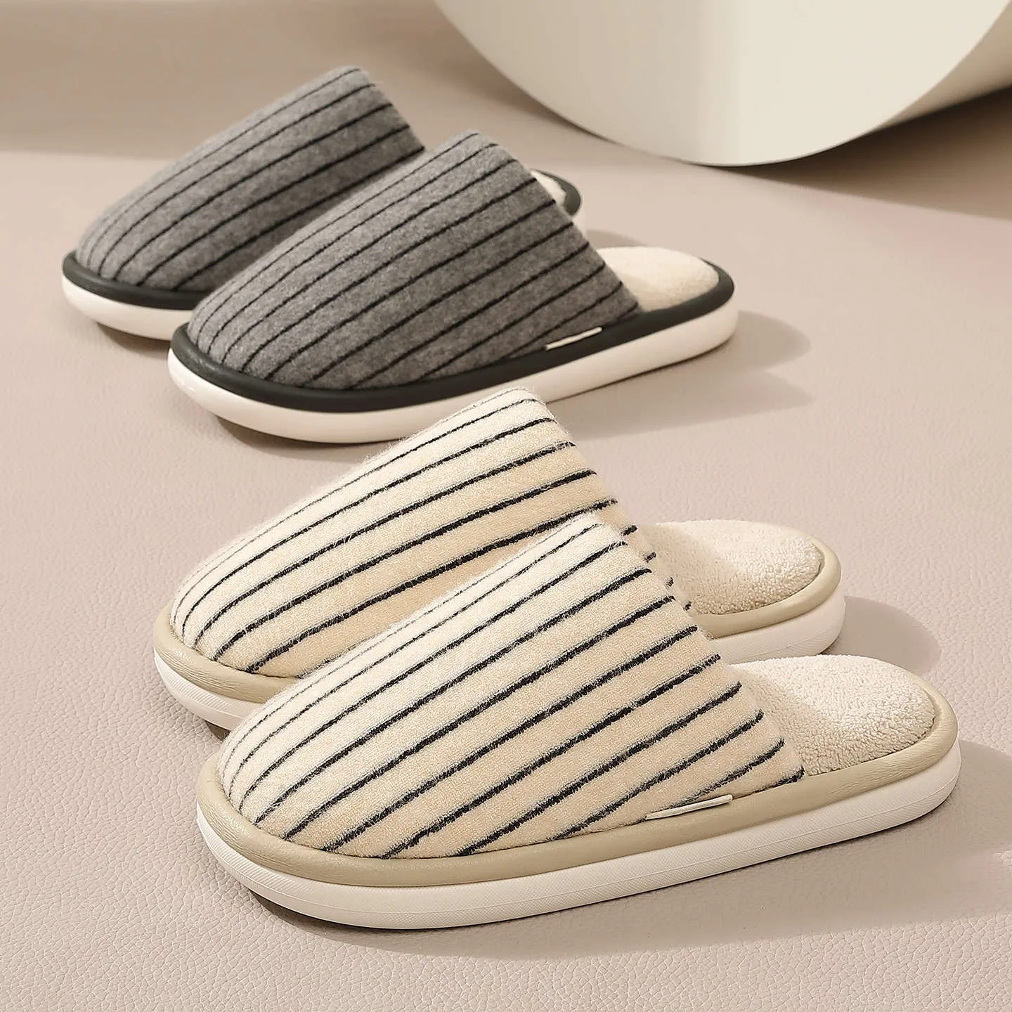 

Autumn Winter Couples Slippers Indoor Striped Fluffy Eva Soft Flats Non-slip Concise Men Plush Slides Women's House Cotton Shoes