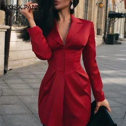 Women Solid Elegant Zipper A Line Notched Collar Working Long Sleeves Bodycon Party Blazer Dress