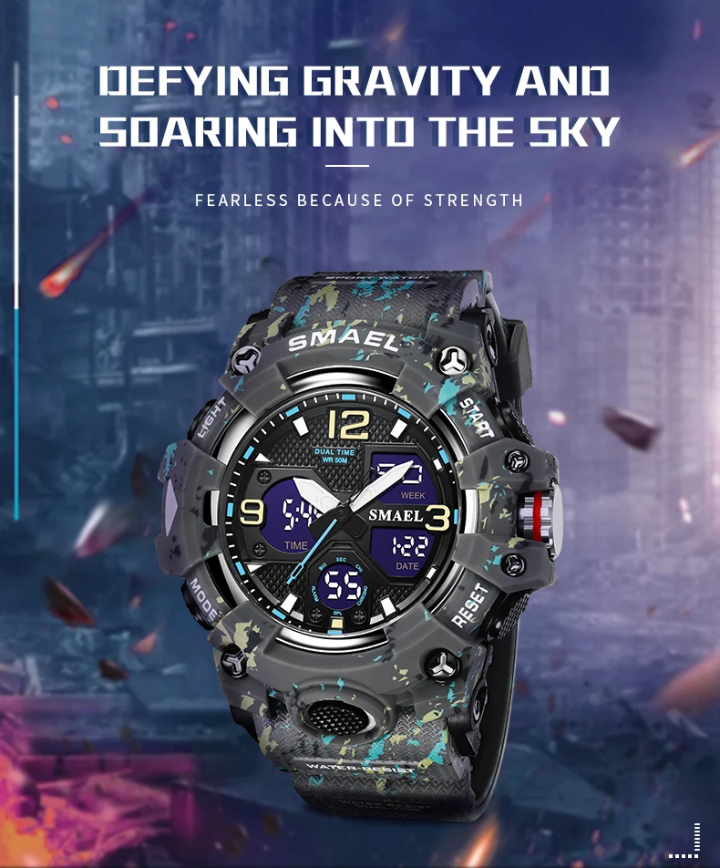 SMAEL Brand Men Sports Watches Dual Display Analog Digital LED Electronic Quartz Wristwatches Waterproof Swimming Military Watch