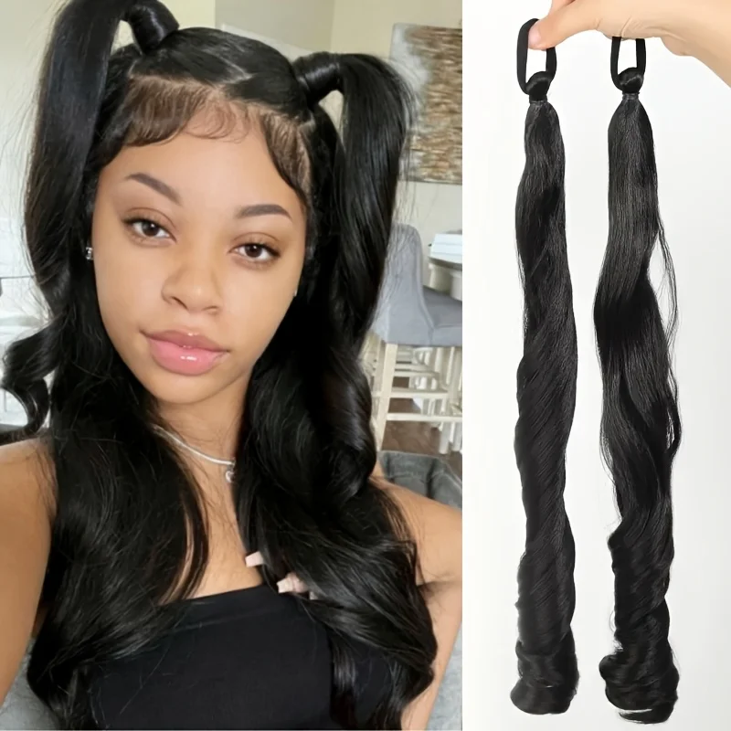 

Накладные волосы Aosiwig, длинные кудрявые, 2 шт., хвост-косичка, синтетические, черно-коричневые, в стиле «римский рулон», с резинкой, парики в стиле Лолита для женщин