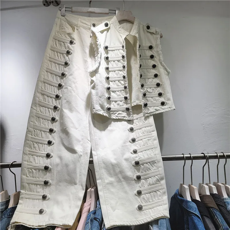 Spring Summer Women Denim Sets Vintage Court Style Button Decoration Sleeveless Vest Coat High Waist Casual Straight Jeans