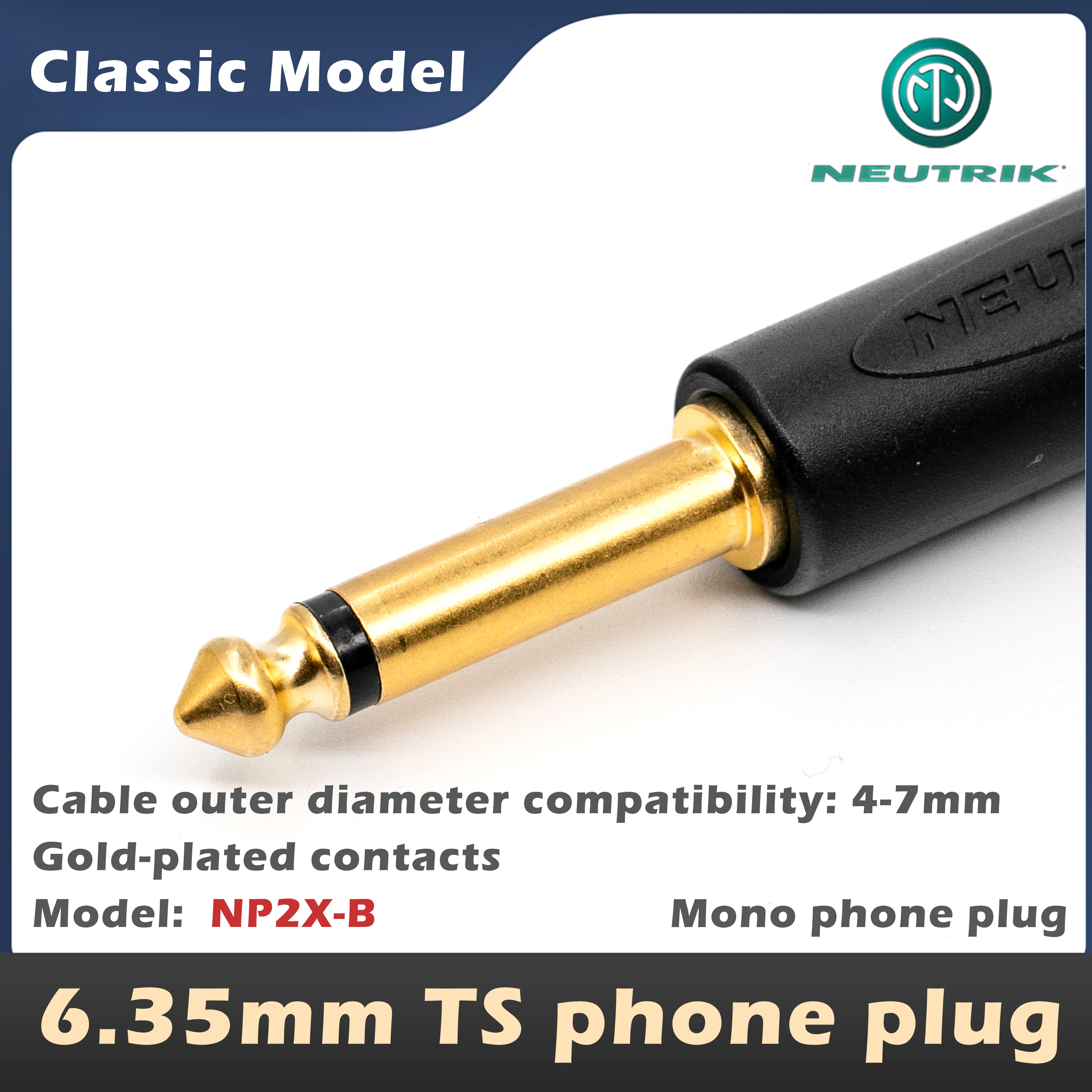 Neutrik 6,35 mm telefoonstekkers: NP2X, NP2X-B (TS mono), NP3X, NP3X-B (TRS stereo), audiomicrofoonstekkers
