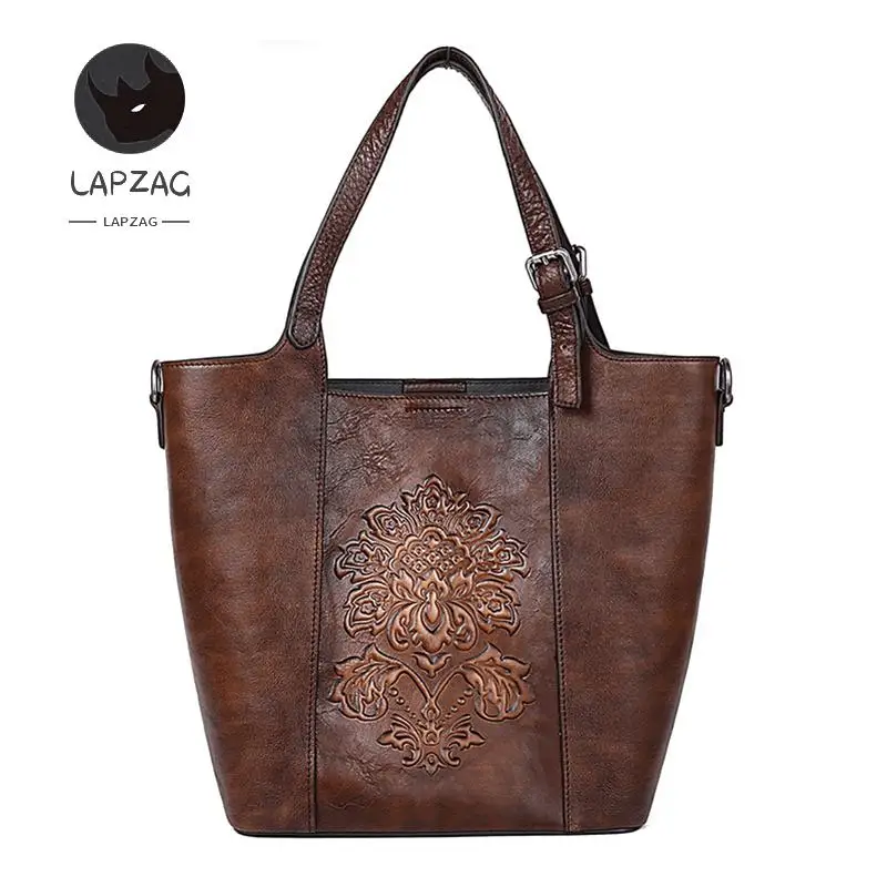 2024 Italian Vintage leather tote Bag Large Capacity Handbags for Women Genuine Cowhide Embossing Bucket Shoulder Bags for lady