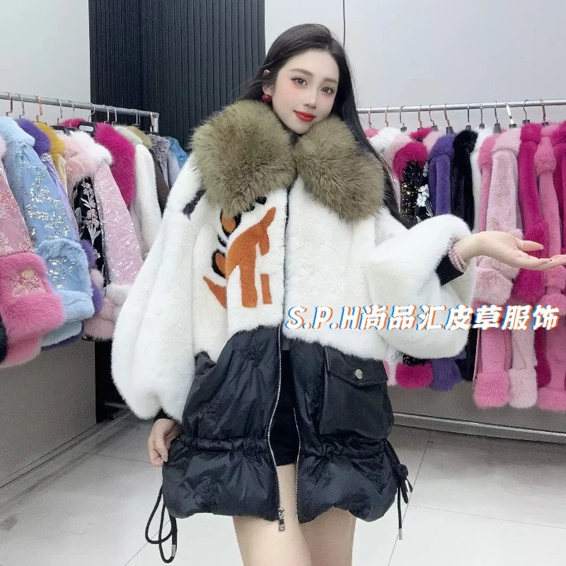 Faux Fur Splicing Drawstring Down Jacket Lapel Collar Fur Collar Mid Length Faux Fur Jacket Women Winter Clothes Fashion Coats