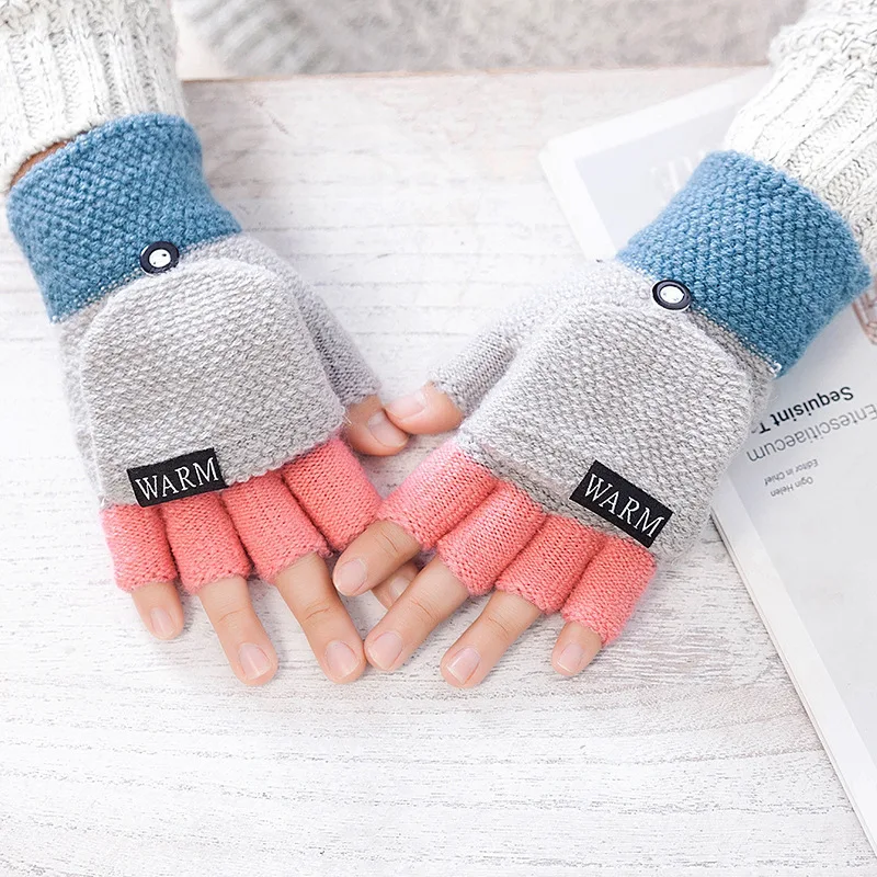 2020 Winter Warm Thickening Wool Gloves Knitted Flip Fingerless Flexible Exposed Finger Thick Gloves Mittens Men Women Glove