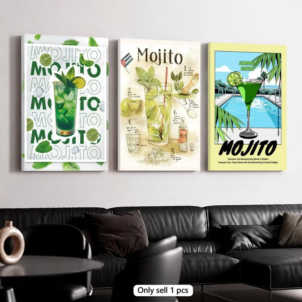 Cocktail Drink Mojito Framed Wall Painting Canvas Art Poster Solid Wood Frame for Room Living Home Decor