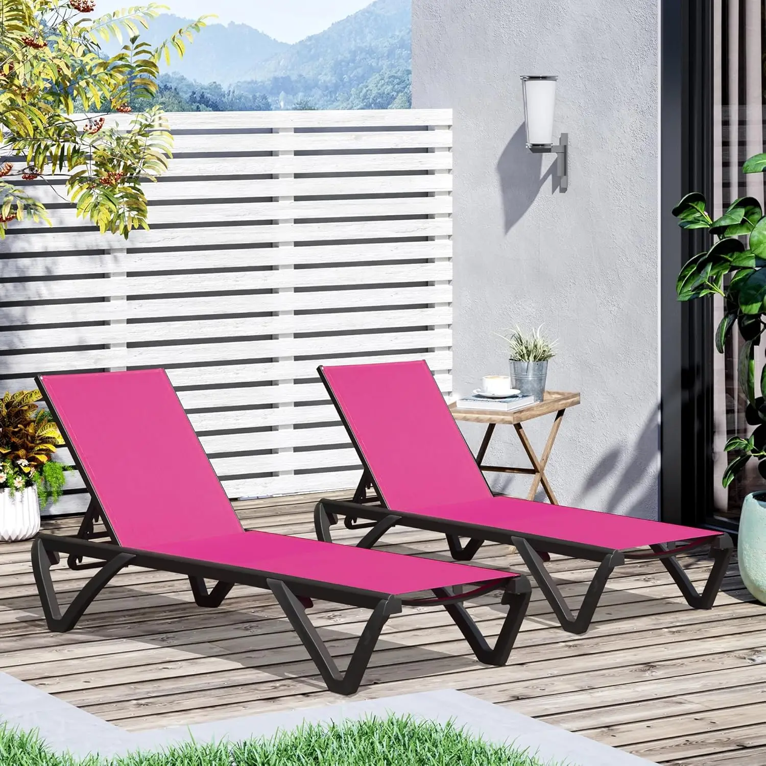 

Pool Lounge Chairs Set of 2 Aluminum Patio Chaise Lounge with Wheels 5 Position Adjustable All Weather Outdoor Lounge Pink