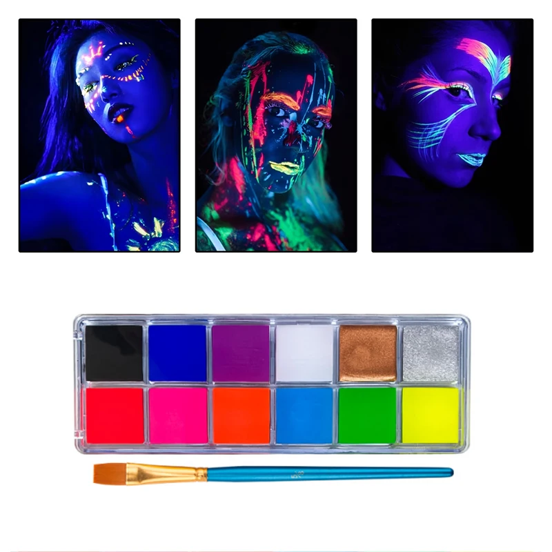 12 Colors Face Body Paint Palette Neon UV Glow Vibrant Face & Body Painting Makeup for Halloween Carnival Cosplay Stage Makeup