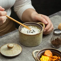 Ceramic Waterproof Stew Cup Small Soup Cup Japanese Coarse Pottery with Lid Stew Pot Household Complementary Food Bowl with Lid