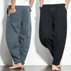 Chinese Style Men's Linen Long Pants, Men's Fat Plus Size Wide Leg Lantern Pants, Casual Harlan Pants