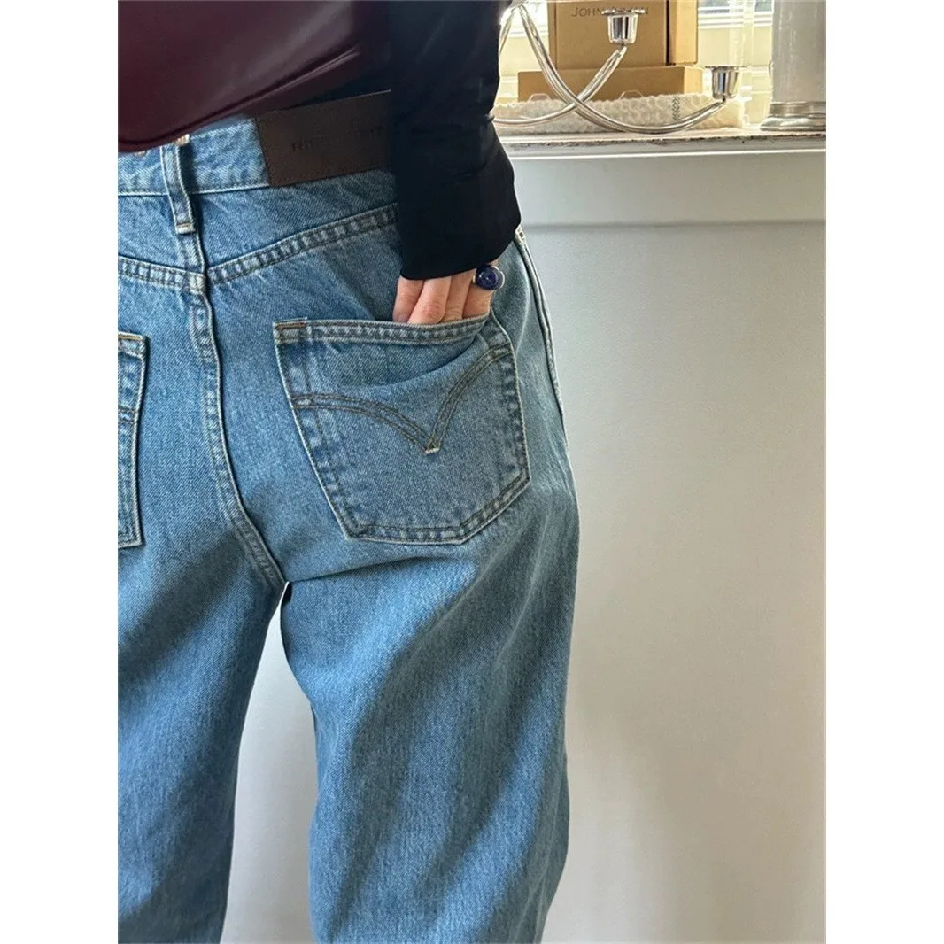 

Джинсы-бойфренды со средней талией в стиле ретро, простые свободные брюки из хлопчатобумажной ткани со сложенными деталями, осень-зима, новинка ...