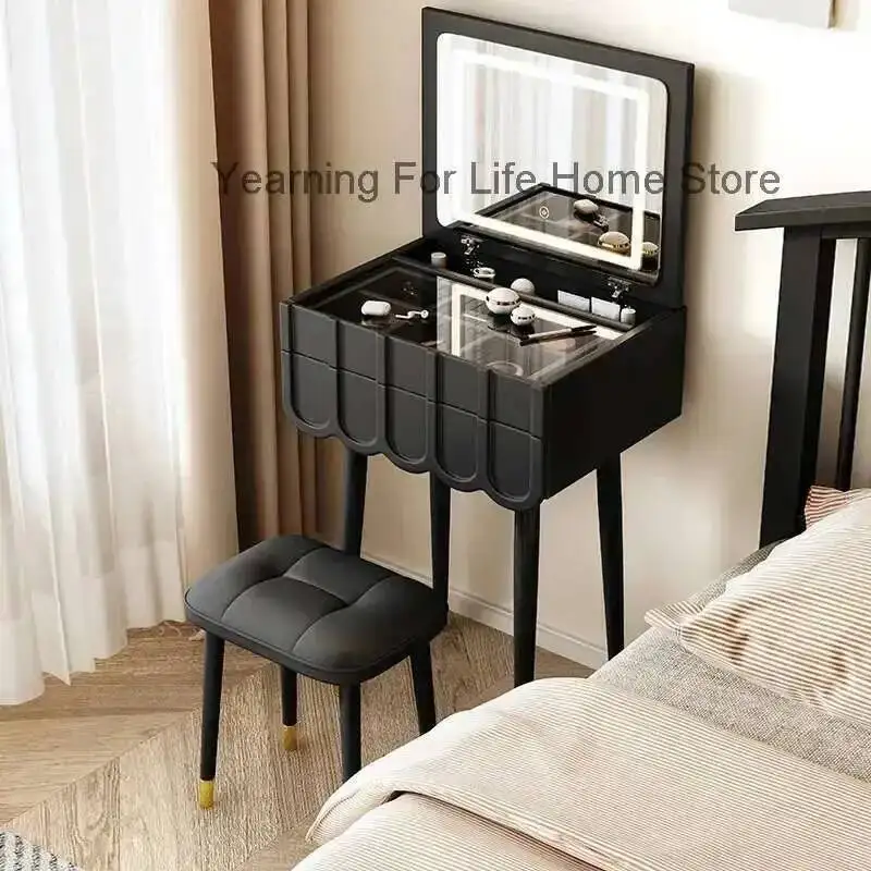 Mini Table French Simple Dressing Foldable Cover Storage Makeup Vanity Table with Mirror Modern Dressers for Bedroom Furniture