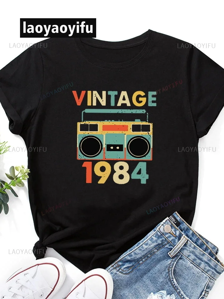 Vintage 1984 Recorder Print T-Shirt Women Short Sleeve O-Neck Loose Ladies Tee Shirt Tops Funny Retro Clothes Camisetas Mujer