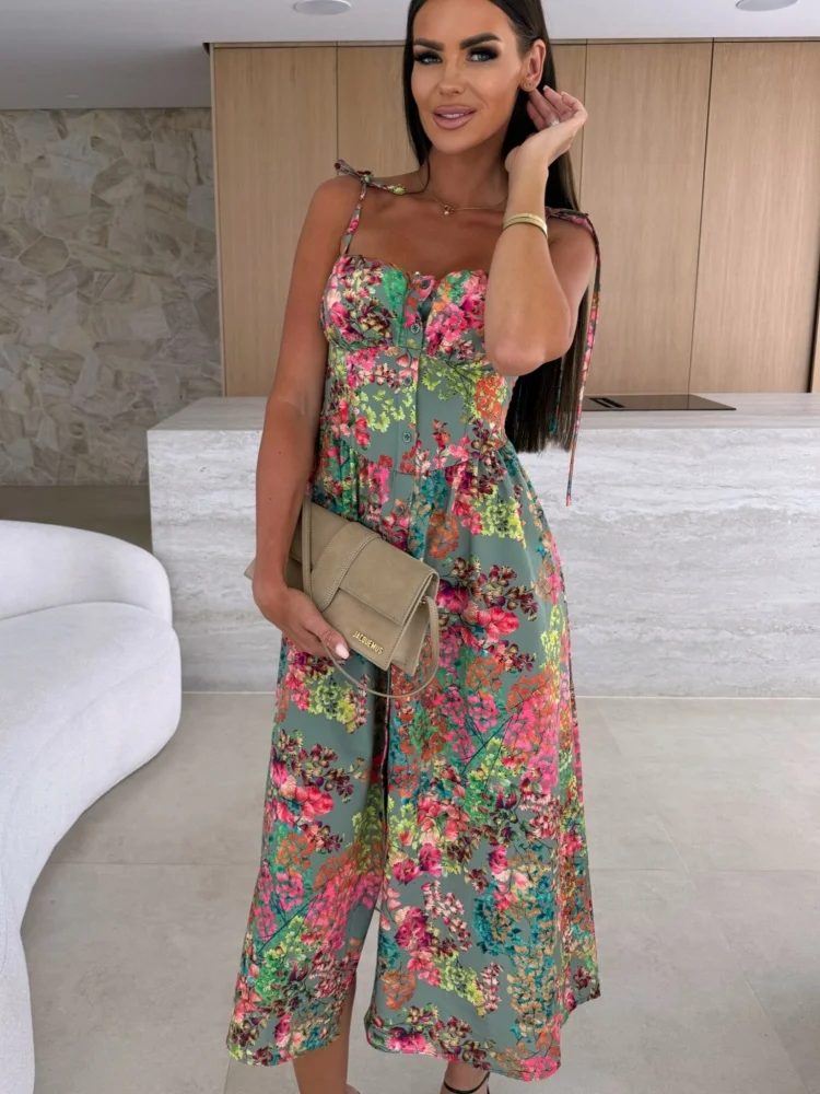 Vestido de noche largo informal elegante con estampado de tirantes para mujer sin mangas a la moda de verano