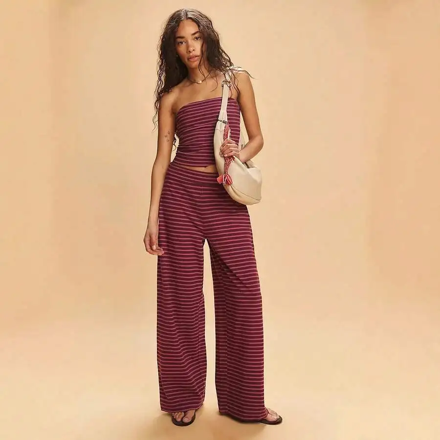 

2pcs Women Striped Crop Top And Wide Leg Pants Set Street Casual Outfit Summer