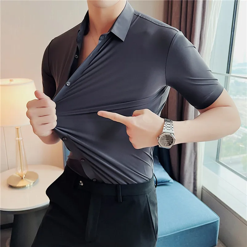 

Small Asian Size High Elasticity Tight-fitting Design Men's Shirt Short Sleeve Stretch Social Blouse White Black Khaki