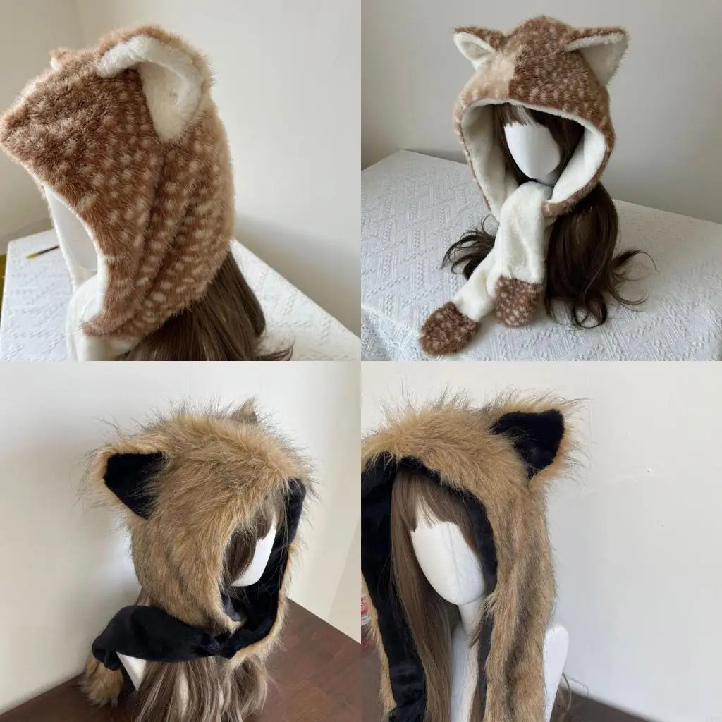 

L5YA Пушистые плюшевые зимние шапки с шарфом и капюшоном с ушками животных Теплая шапка с ушками из искусственного меха