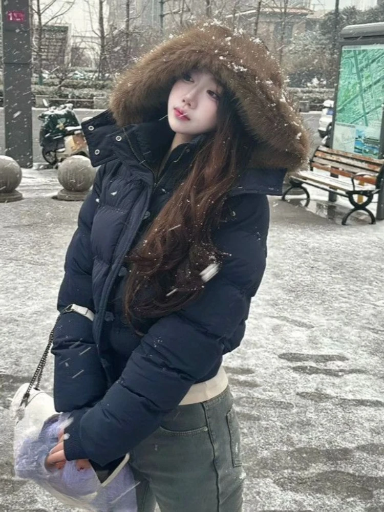 

Зимнее корейское модное ретро теплое пальто с капюшоном, женское новое шикарное повседневное тонкое пуховое хлопковое пальто с эстетическим меховым воротником, парка 2025