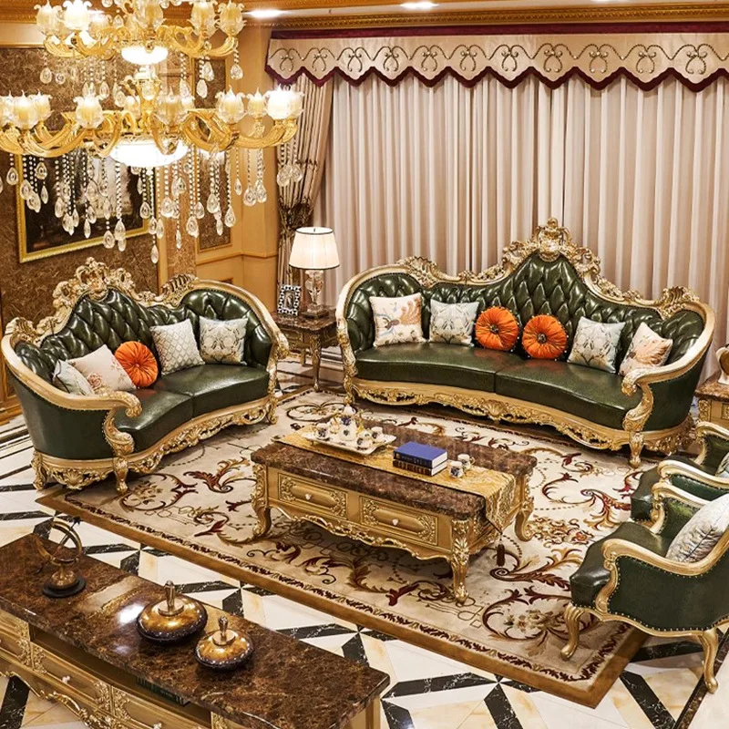 #European Style Luxury Leather Sofa Set Double-sided Carved Genuine Leather Top Layer Cowhide High-density Sponge Filling Living
